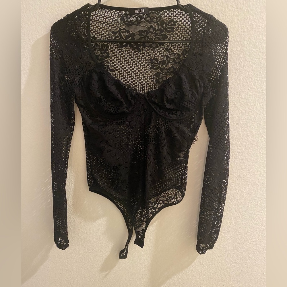 Miss Lola lace black corset long sleeve bodysuit size small